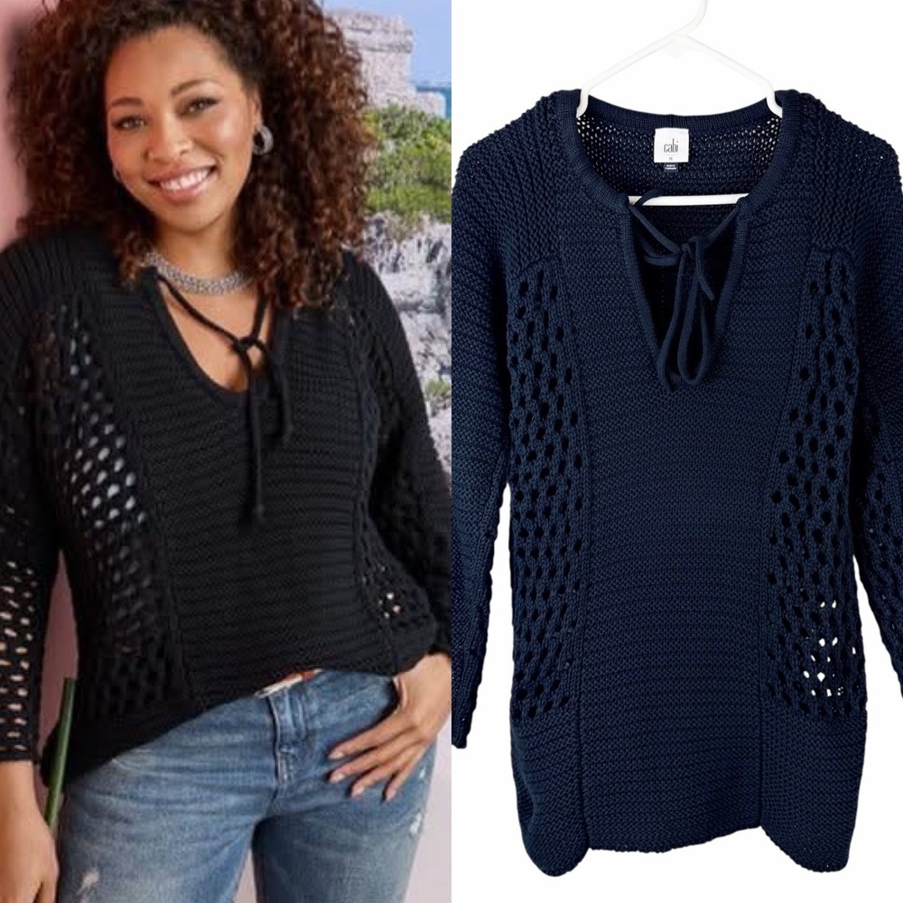 Cabi #6411 Black Beachcomber Open Knit Crochet Tie Neck Tunic Pullover Sweater